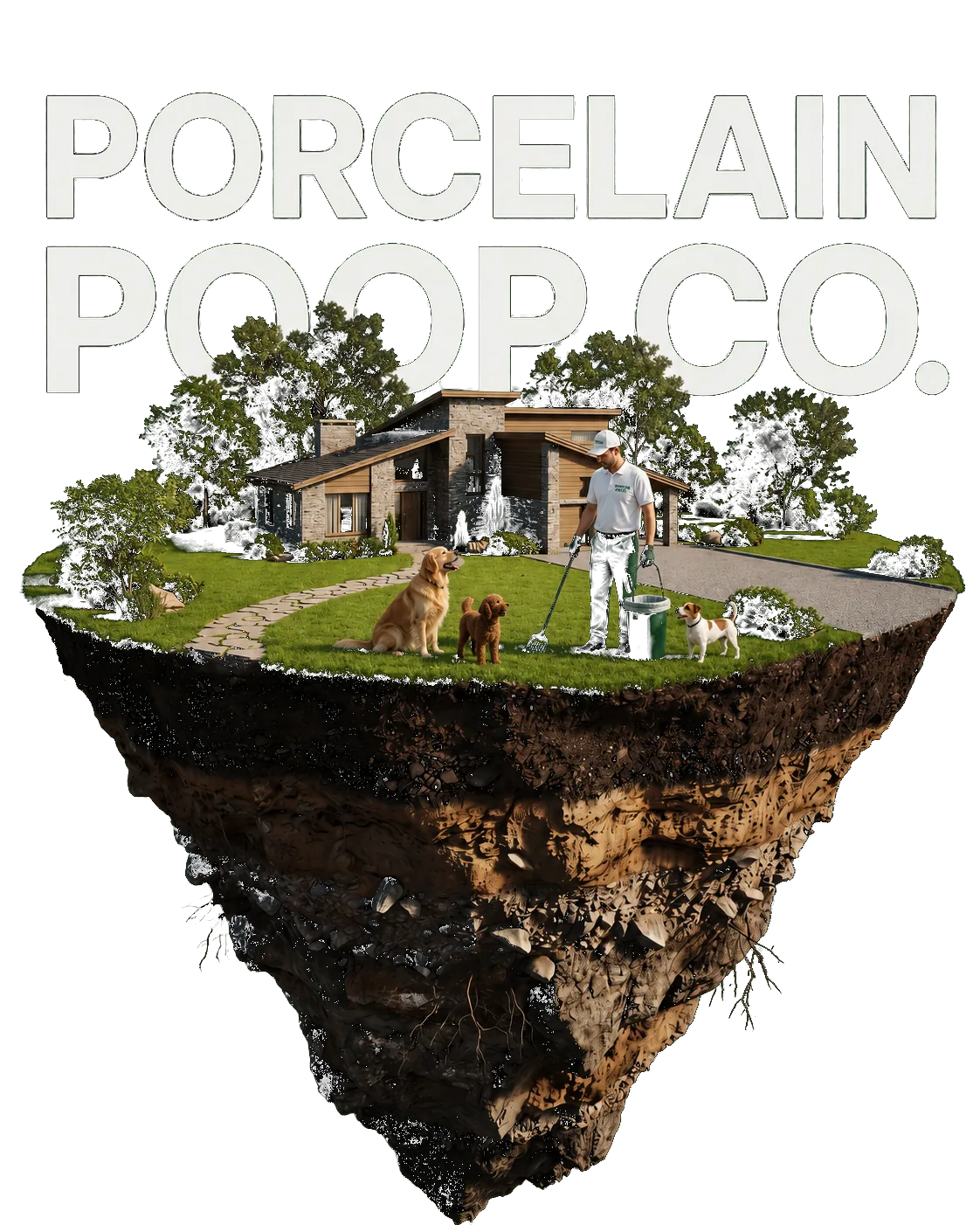 A Porcelain Poop Co. technician cleaning a floating island of lawn with a house and three happy dogs